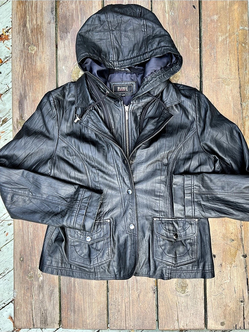 Title: Plongé Black Leather Jacket with Removable Hood – Size L